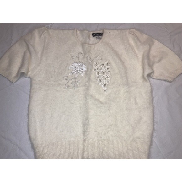 VTG 80s Keomi Size M Angora Ivory Beaded Pull Over Sweater Puff Sleeve - Picture 1 of 7